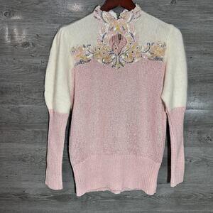 Vintage Pink Knit Sweater Sz Large Wool Shoulders Sequins Tassels Diva